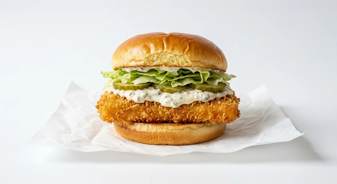 Burger King US Big Fish, a panko-breaded fish fillet with tartar sauce, pickles and lettuce in a brioche-style bun on white paper, nutrition and calories