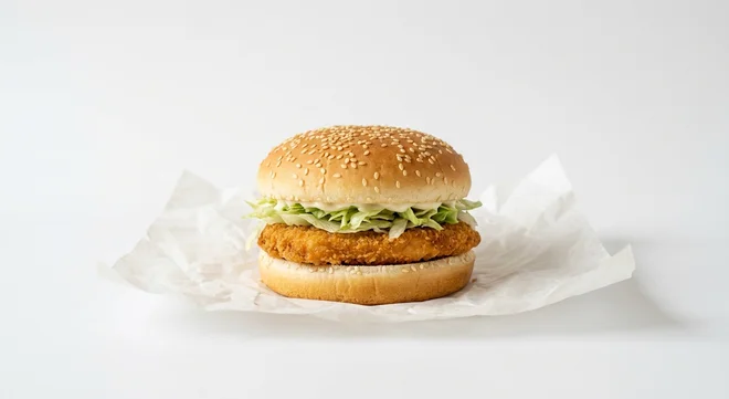 Burger King US Chicken Jr., a small breaded chicken patty with lettuce and mayo in a sesame bun on white paper, nutrition and calories