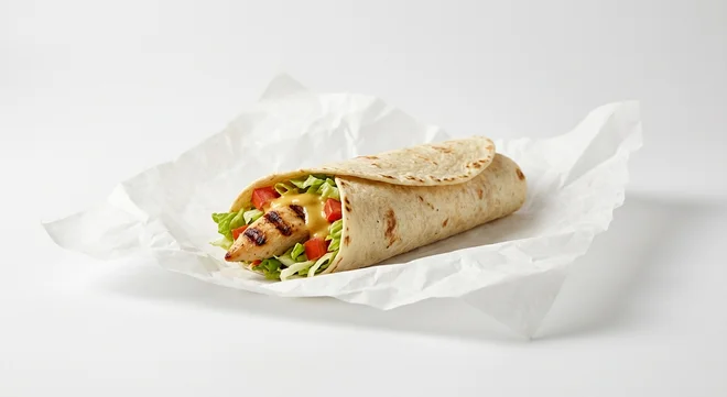 Burger King US Honey Mustard Flame-Grilled Chicken Wrap, a flour tortilla wrap with flame-grilled chicken, lettuce, tomato and honey mustard on white paper, nutrition and calories