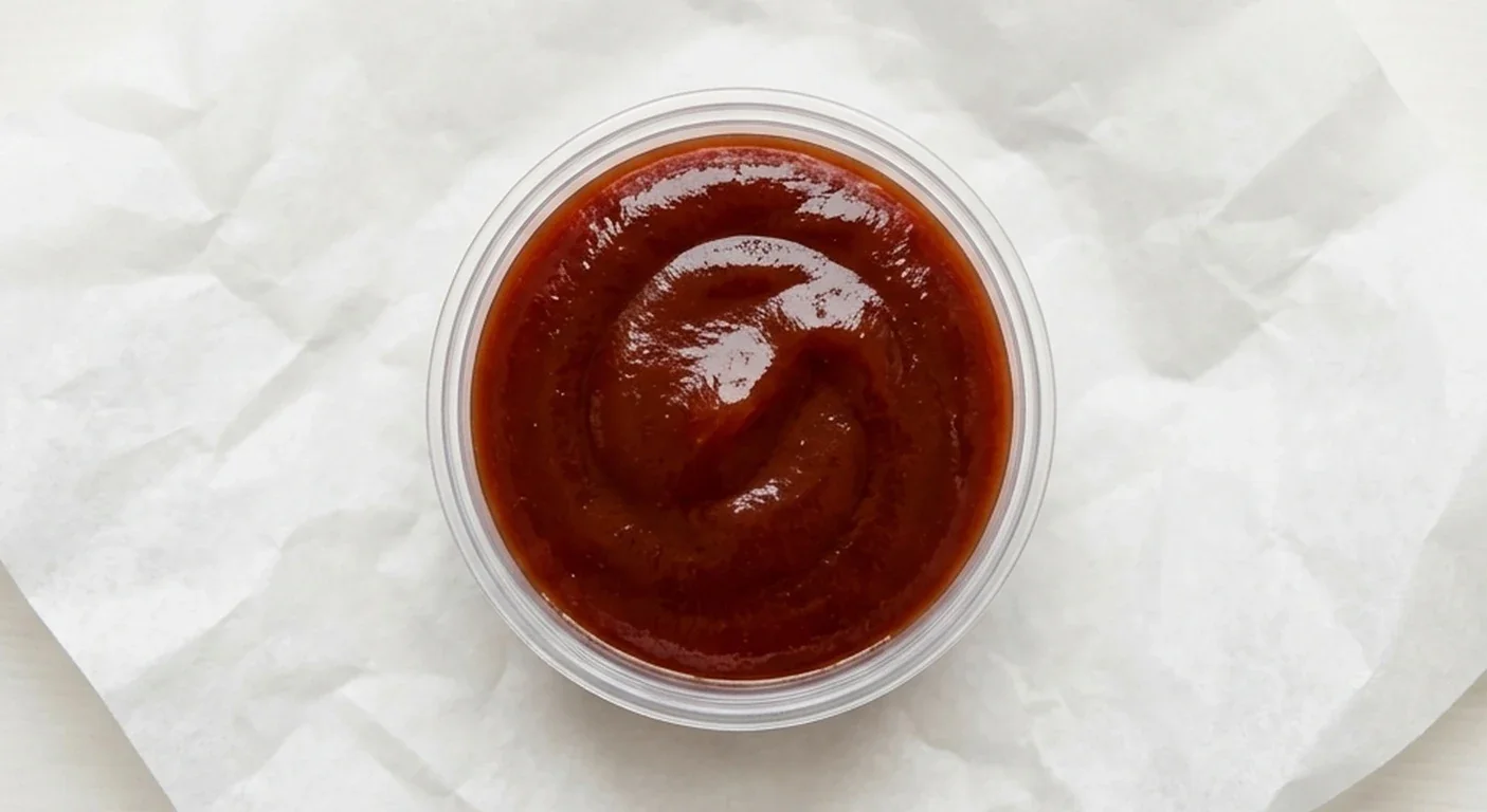 Burger King US BBQ Sauce, a glossy dark barbecue sauce in a clear pot on white paper, nutrition and calories