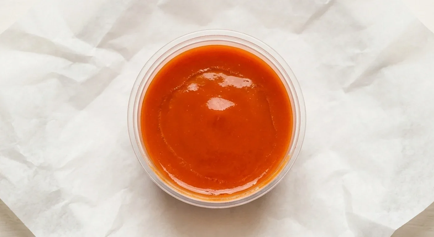 Dave's Hot Chicken US Buffalo Sauce, an orange-red buffalo sauce in a clear pot on white paper, nutrition and calories