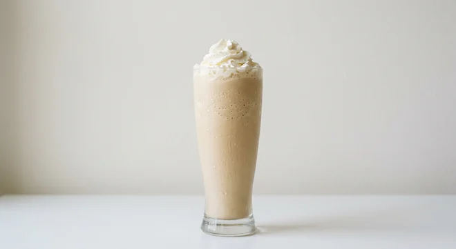 Frankie & Benny's Cafe Latte Shake, coffee milkshake topped with whipped cream in a tall glass, nutrition and calories