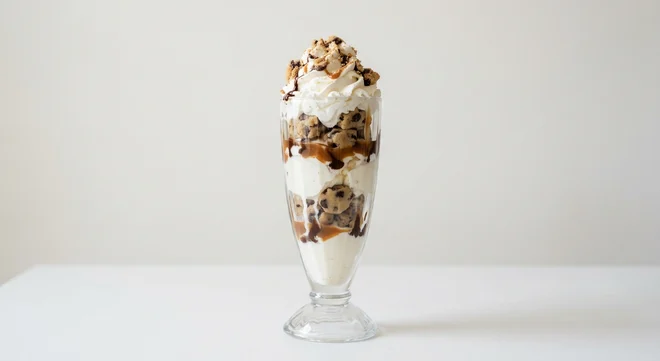 Frankie & Benny's The Cookie Jar, vanilla ice cream layered with cookie dough, chocolate and caramel sauces, topped with whipped cream and cookie crumbs in a sundae glass, nutrition and calories