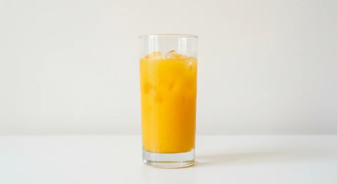 Frankie & Benny's J2O Orange & Passion Fruit, orange and passion fruit juice drink over ice in a tall glass, nutrition and calories