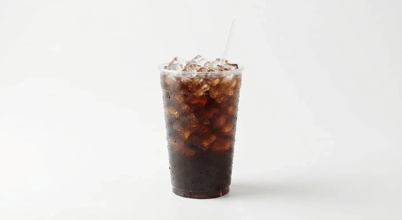 Frankie & Benny's Diet Coke (Regular), cola over ice in a clear cup with a straw, nutrition and calories