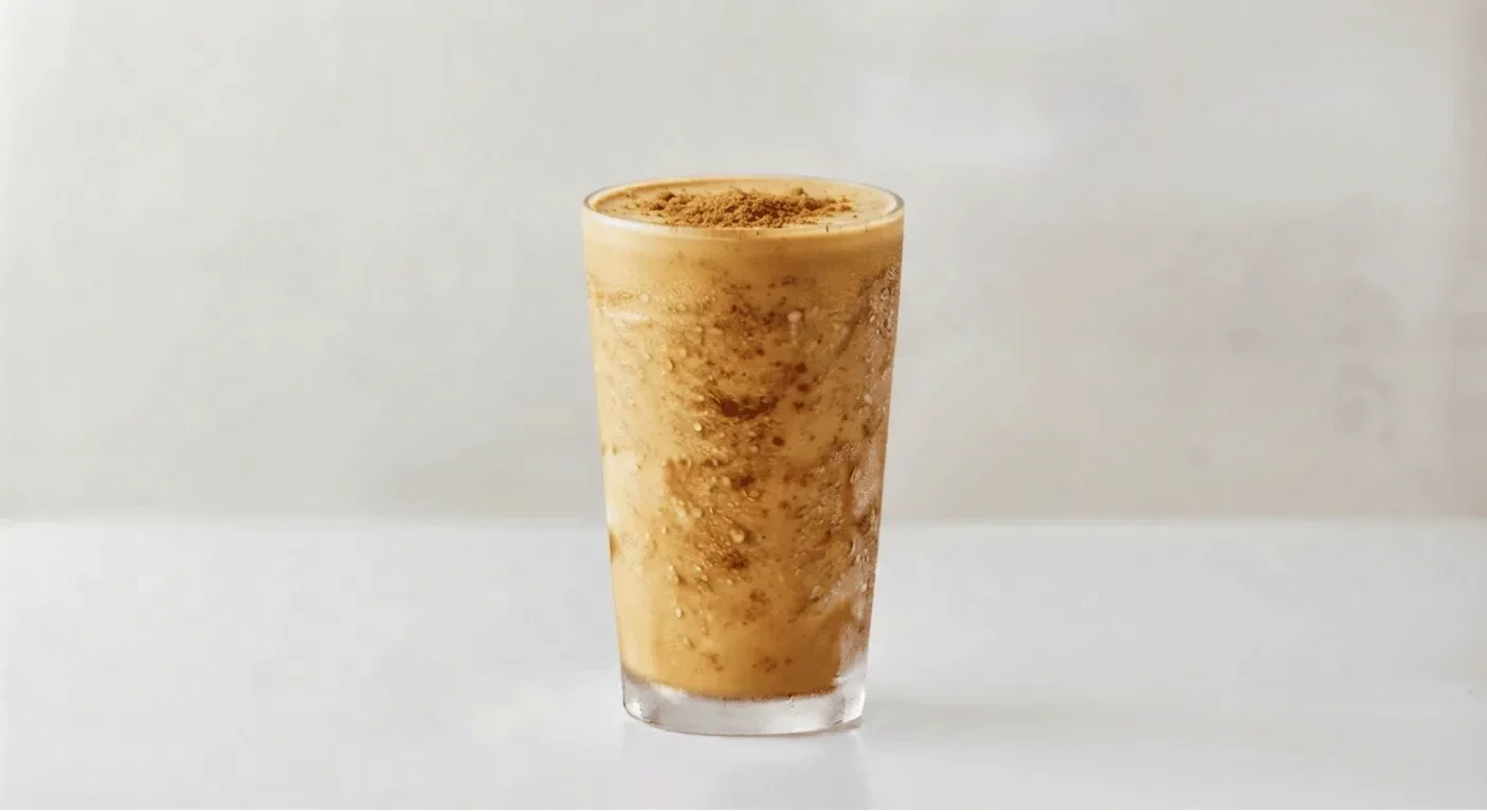 Frankie & Benny's Caramelised Biscuit Shake, caramelised biscuit milkshake in a tall clear glass, nutrition and calories