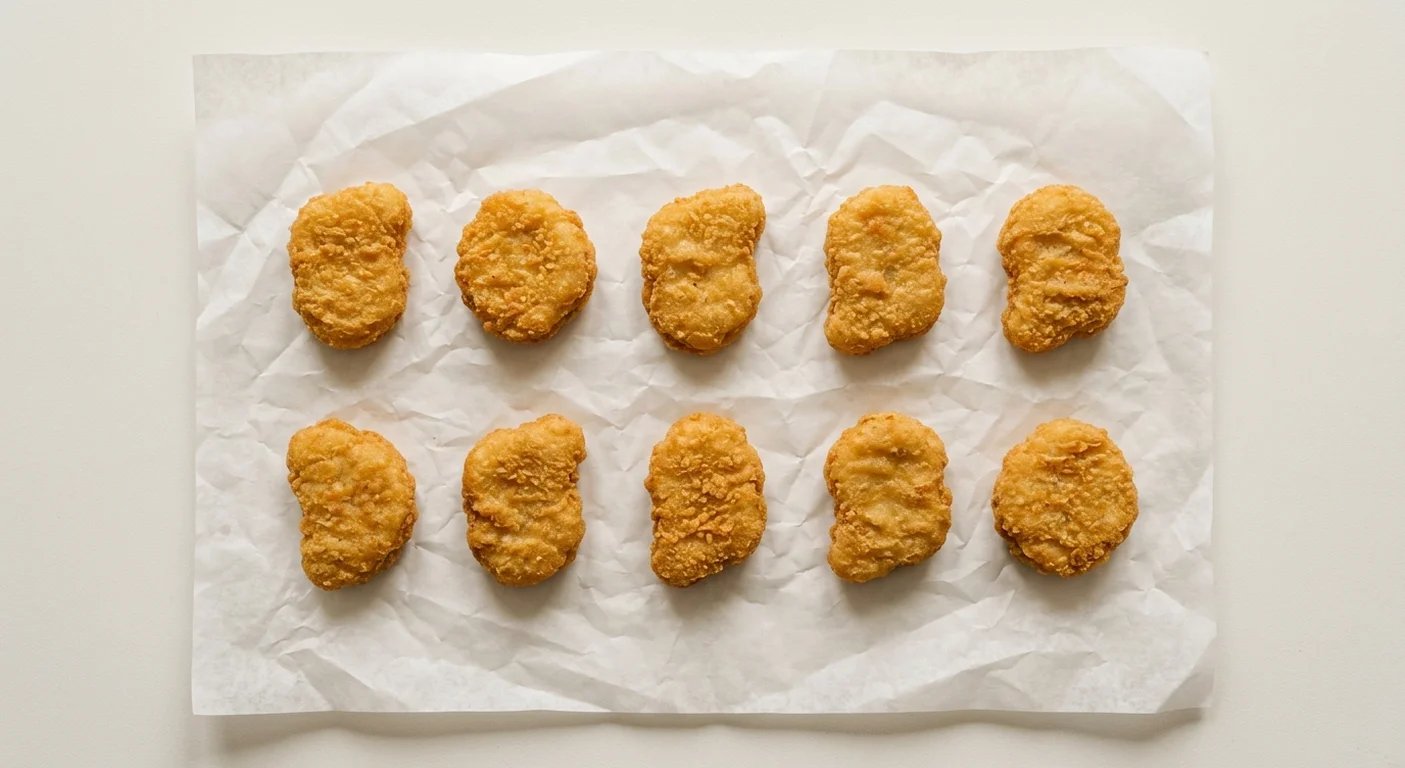 Burger King US Chicken Nuggets (10 piece), ten breaded chicken nuggets on white paper, nutrition and calories