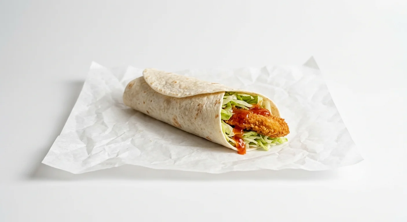 Burger King US Spicy Original Chicken Wrap, a flour tortilla wrap with breaded chicken, lettuce and spicy sauce on white paper, nutrition and calories