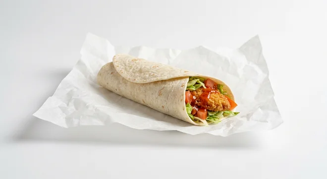 Burger King US Spicy Royal Crispy Wrap, a flour tortilla wrap with crispy chicken, lettuce, tomato and spicy sauce on white paper, nutrition and calories