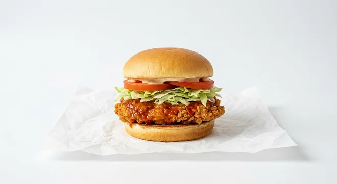 Burger King US Spicy Royal Crispy Chicken, a crispy breaded chicken fillet in spicy glaze with lettuce and tomato in a potato bun on white paper, nutrition and calories