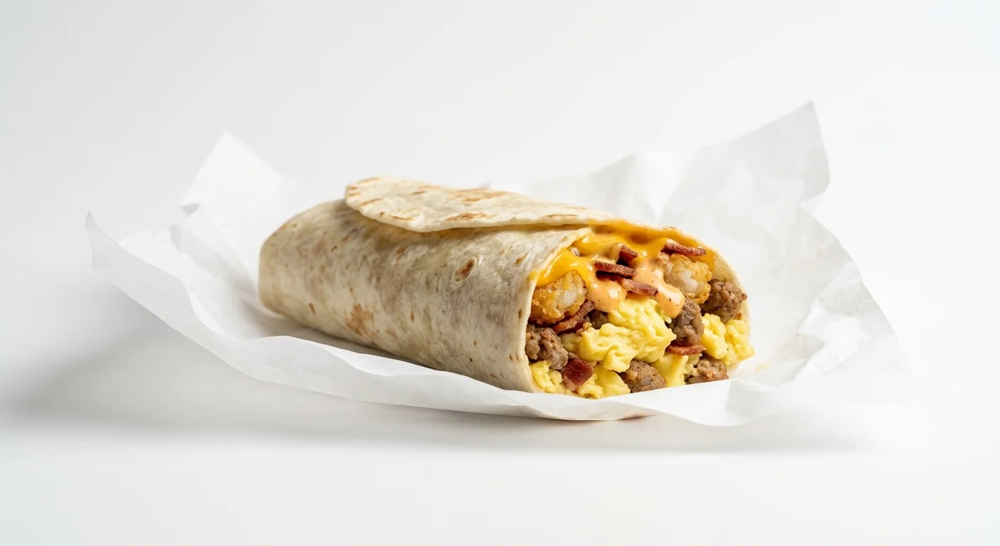 Burger King US Egg-Normous Burrito, a large flour tortilla burrito with egg, sausage, bacon, hash browns and cheese on white paper, nutrition and calories