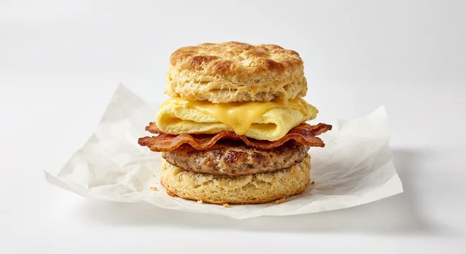 Burger King US Bacon, Sausage, Egg, & Cheese Biscuit, a split buttermilk biscuit with sausage, bacon, egg and cheese on white paper, nutrition and calories