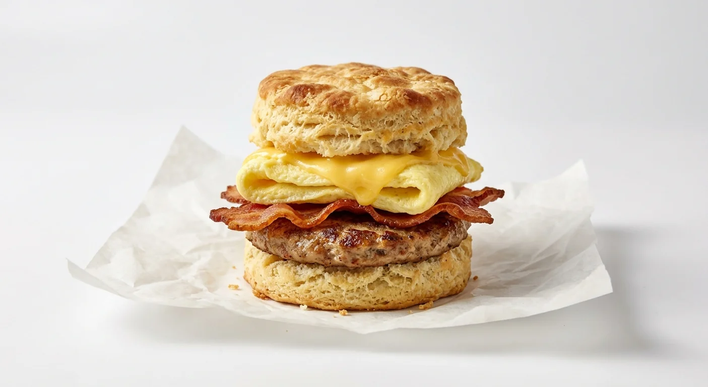 Burger King US Bacon, Sausage, Egg, & Cheese Biscuit, a split buttermilk biscuit with sausage, bacon, egg and cheese on white paper, nutrition and calories