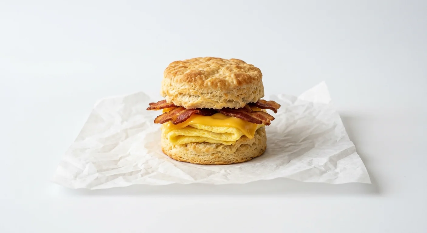 Burger King US Bacon, Egg, & Cheese Biscuit, a split buttermilk biscuit with bacon, egg and cheese on white paper, nutrition and calories