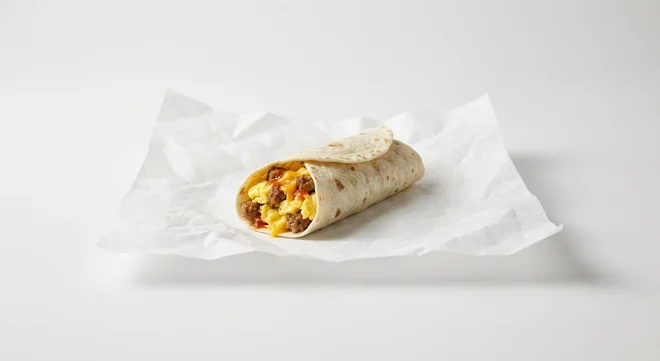 Burger King US Breakfast Burrito Jr., a small flour tortilla burrito with egg, sausage and cheese on white paper, nutrition and calories