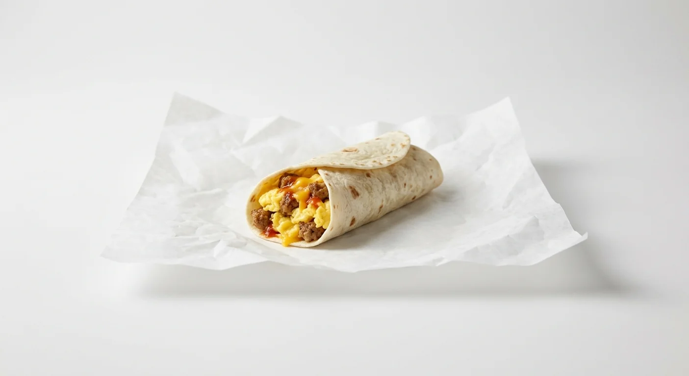 Burger King US Breakfast Burrito Jr., a small flour tortilla burrito with egg, sausage and cheese on white paper, nutrition and calories