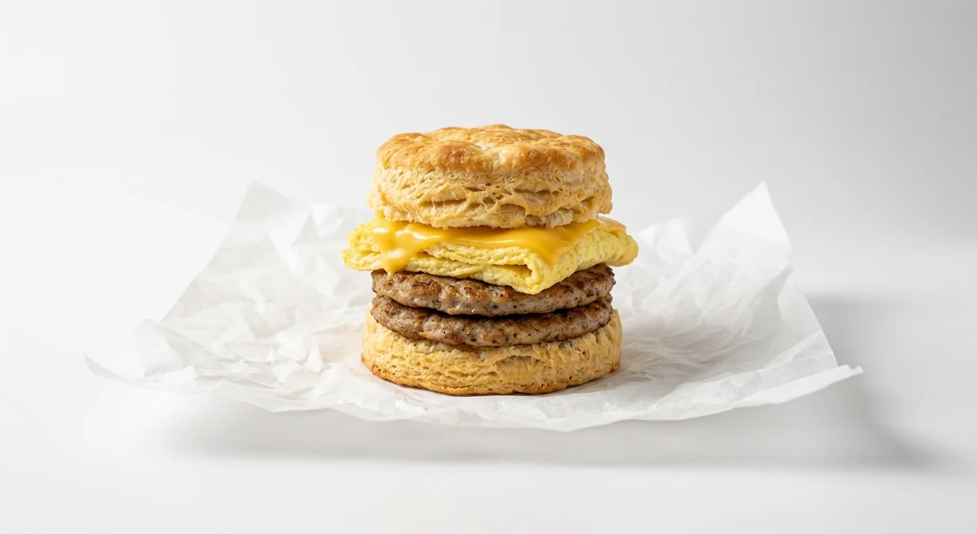 Burger King US Double Sausage, Egg, & Cheese Biscuit, a split buttermilk biscuit with two sausage patties, egg and cheese on white paper, nutrition and calories