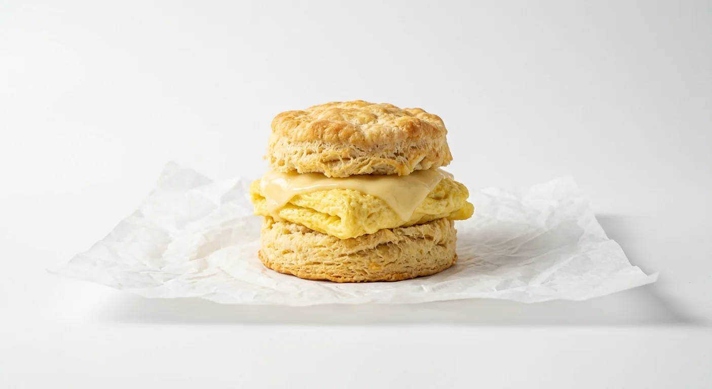 Burger King US Egg & Cheese Biscuit, a split buttermilk biscuit with egg and cheese on white paper, nutrition and calories