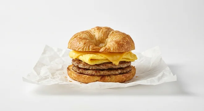 Burger King US Double Sausage, Egg, & Cheese Croissan'wich, a split butter croissant with two sausage patties, egg and cheese on white paper, nutrition and calories