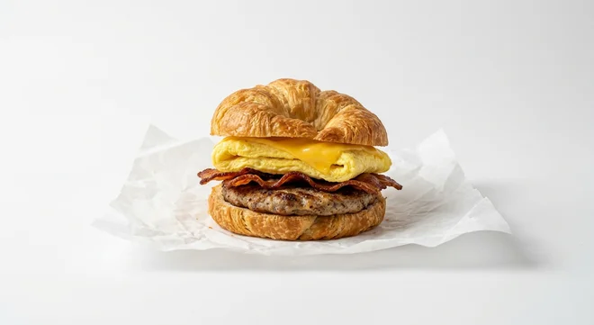 Burger King US Bacon, Sausage, Egg, & Cheese Croissan'wich, a split butter croissant with sausage, bacon, egg and cheese on white paper, nutrition and calories