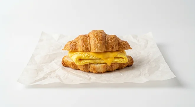 Burger King US Egg & Cheese Croissan'wich, a split butter croissant with egg and cheese on white paper, nutrition and calories
