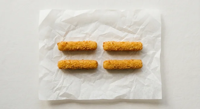 Burger King US Mozzarella Fries (4 piece), four breaded mozzarella sticks on white paper, nutrition and calories