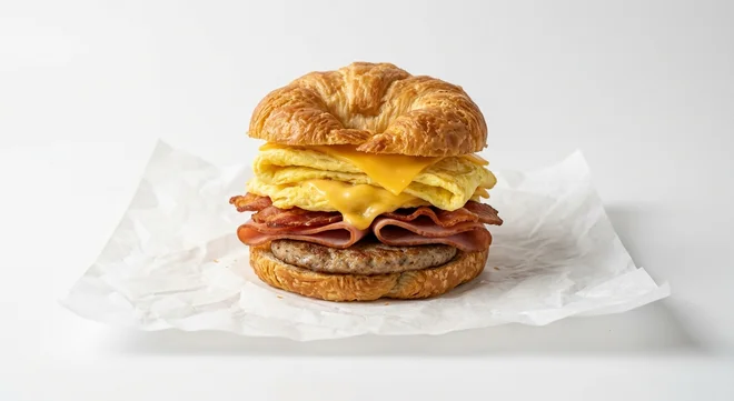 Burger King US Fully Loaded Croissan'wich, a split butter croissant with sausage, ham, bacon, two eggs and two slices of cheese on white paper, nutrition and calories