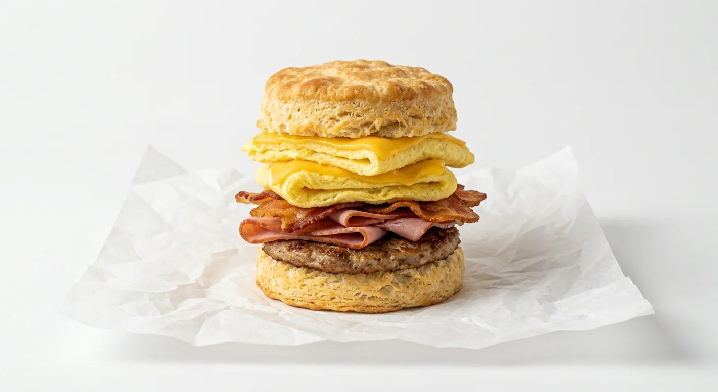 Burger King US Fully Loaded Biscuit, a split buttermilk biscuit with sausage, ham, bacon, two eggs and two slices of cheese on white paper, nutrition and calories