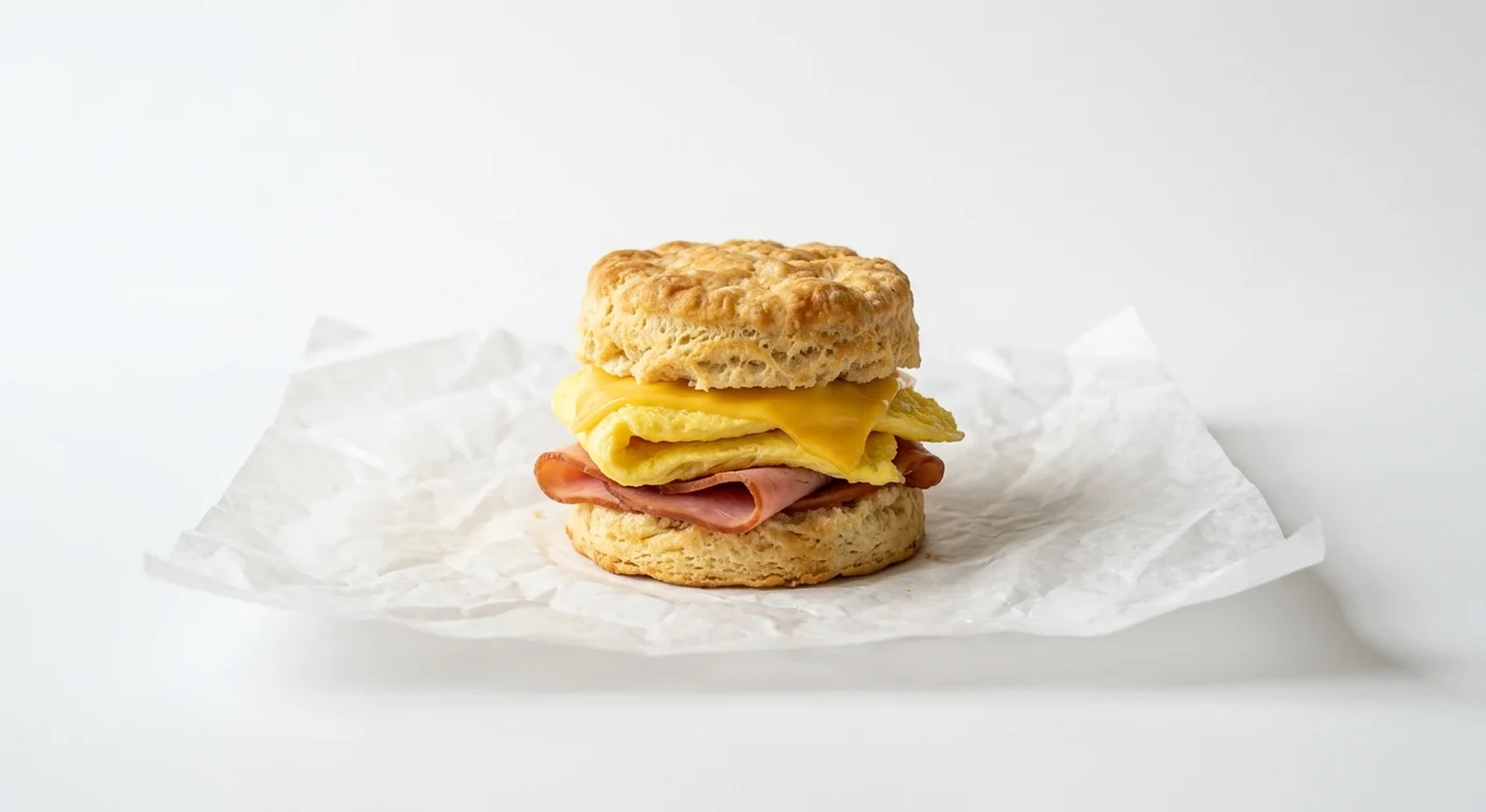 Burger King US Ham, Egg, & Cheese Biscuit, a split buttermilk biscuit with ham, egg and cheese on white paper, nutrition and calories