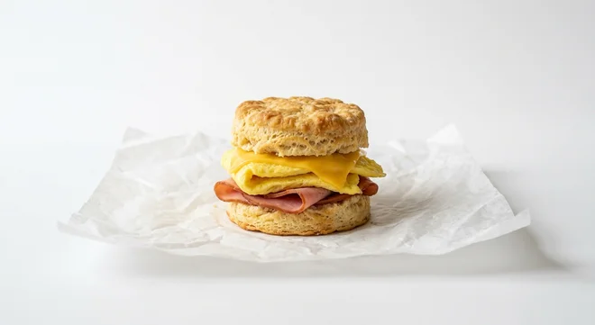 Burger King US Ham, Egg, & Cheese Biscuit, a split buttermilk biscuit with ham, egg and cheese on white paper, nutrition and calories