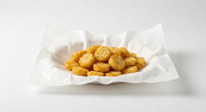 Burger King US Hash Browns (Small), a heap of small round crispy hash brown bites on white paper, nutrition and calories