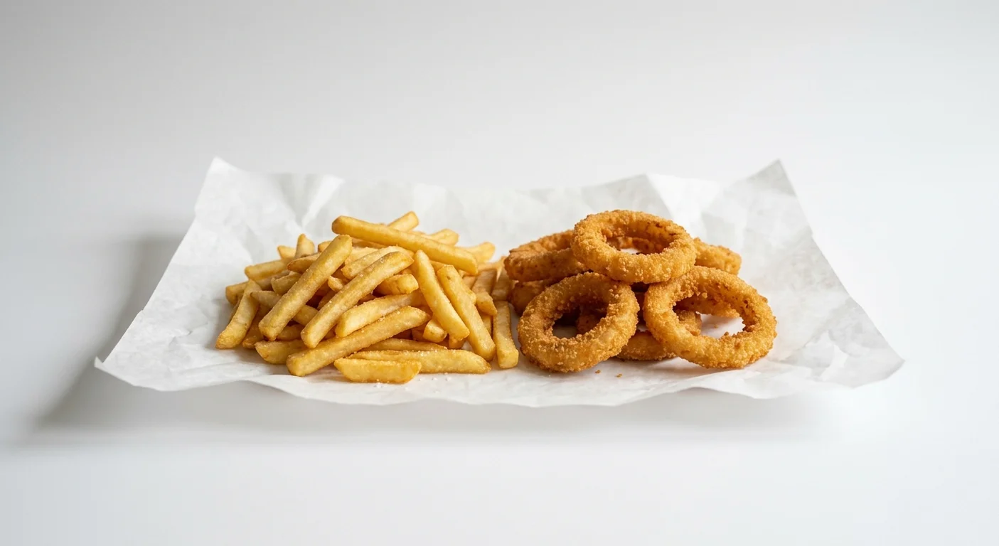 Burger King US Have-sies (Value), a heap of fries beside a pile of onion rings on white paper, nutrition and calories