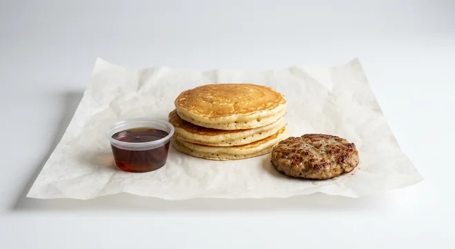 Burger King US Pancake & Sausage Platter, a stack of three fluffy pancakes with a sausage patty and a pot of syrup on white paper, nutrition and calories