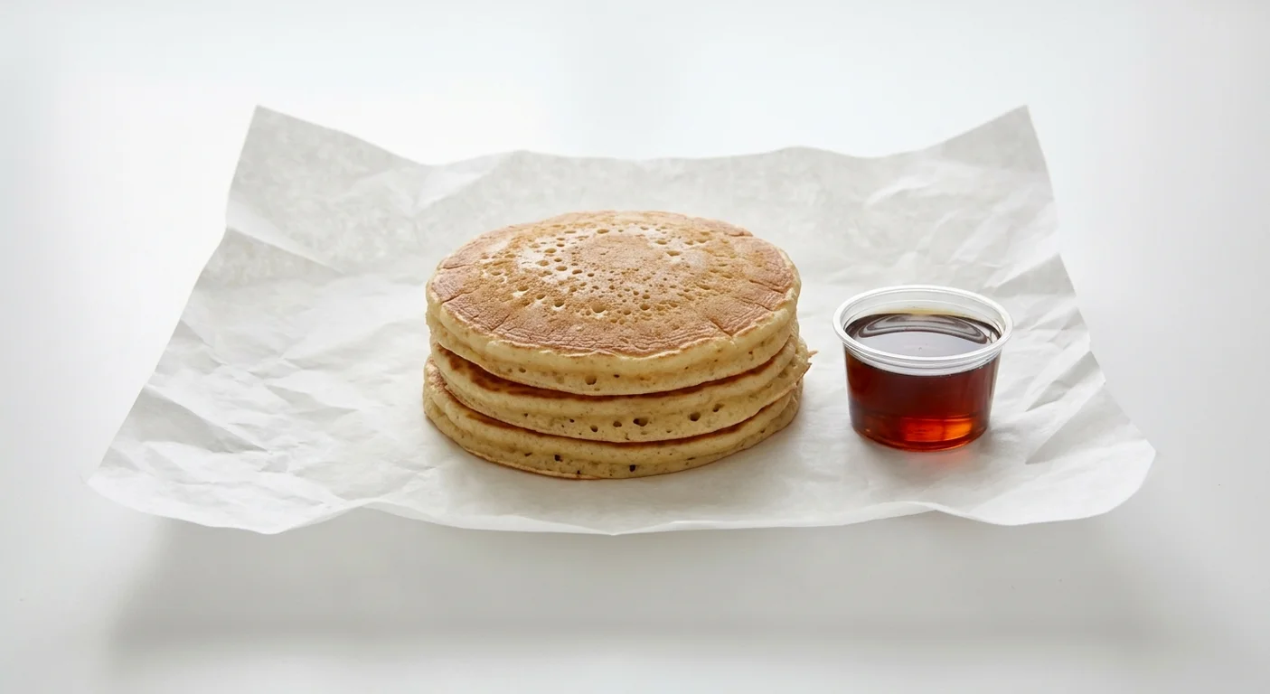 Burger King US Pancake Platter, a stack of three fluffy pancakes with a pot of syrup on white paper, nutrition and calories