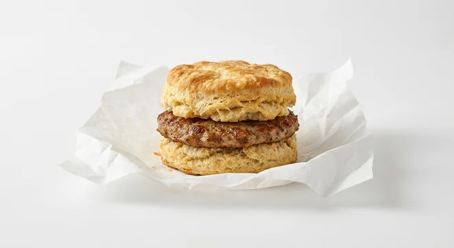 Burger King US Sausage Biscuit, a split buttermilk biscuit with a sausage patty on white paper, nutrition and calories
