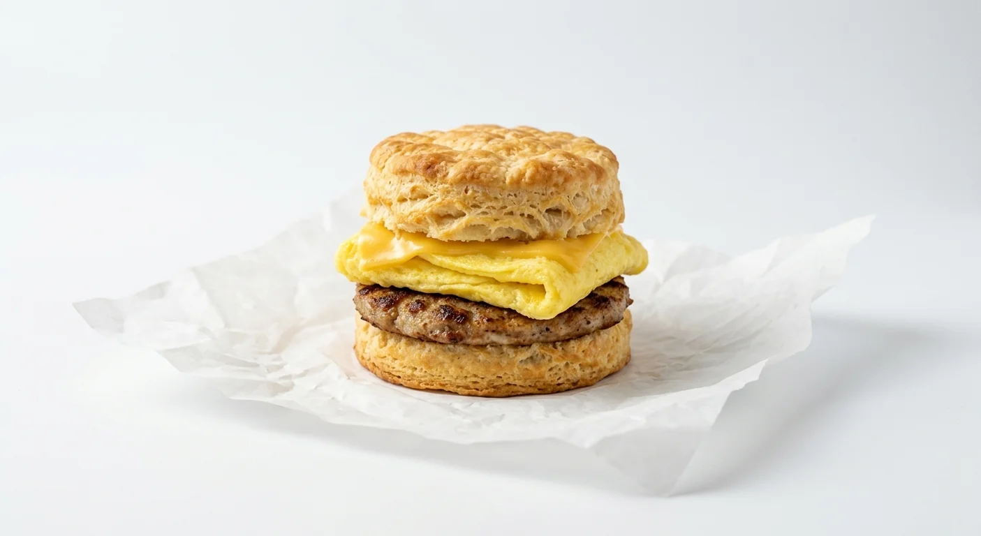 Burger King US Sausage, Egg, & Cheese Biscuit, a split buttermilk biscuit with sausage, egg and cheese on white paper, nutrition and calories