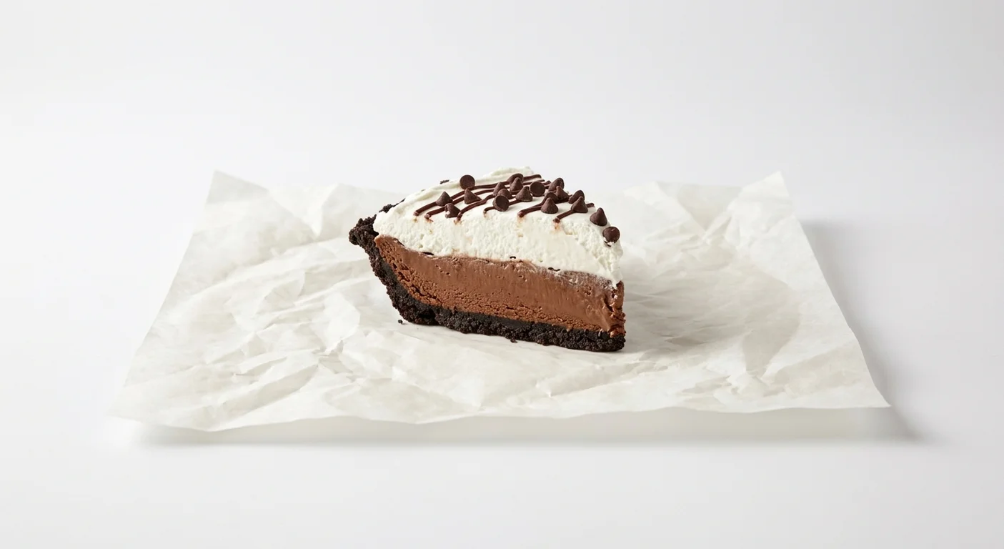 Burger King US HERSHEY'S Sundae Pie, a slice of chocolate cream pie with a cookie crust, whipped topping and chocolate drizzle on white paper, nutrition and calories