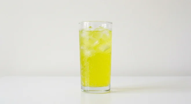 Burger King US Mello Yello (Large), a bright yellow-green citrus soda over ice in a tall clear glass, nutrition and calories
