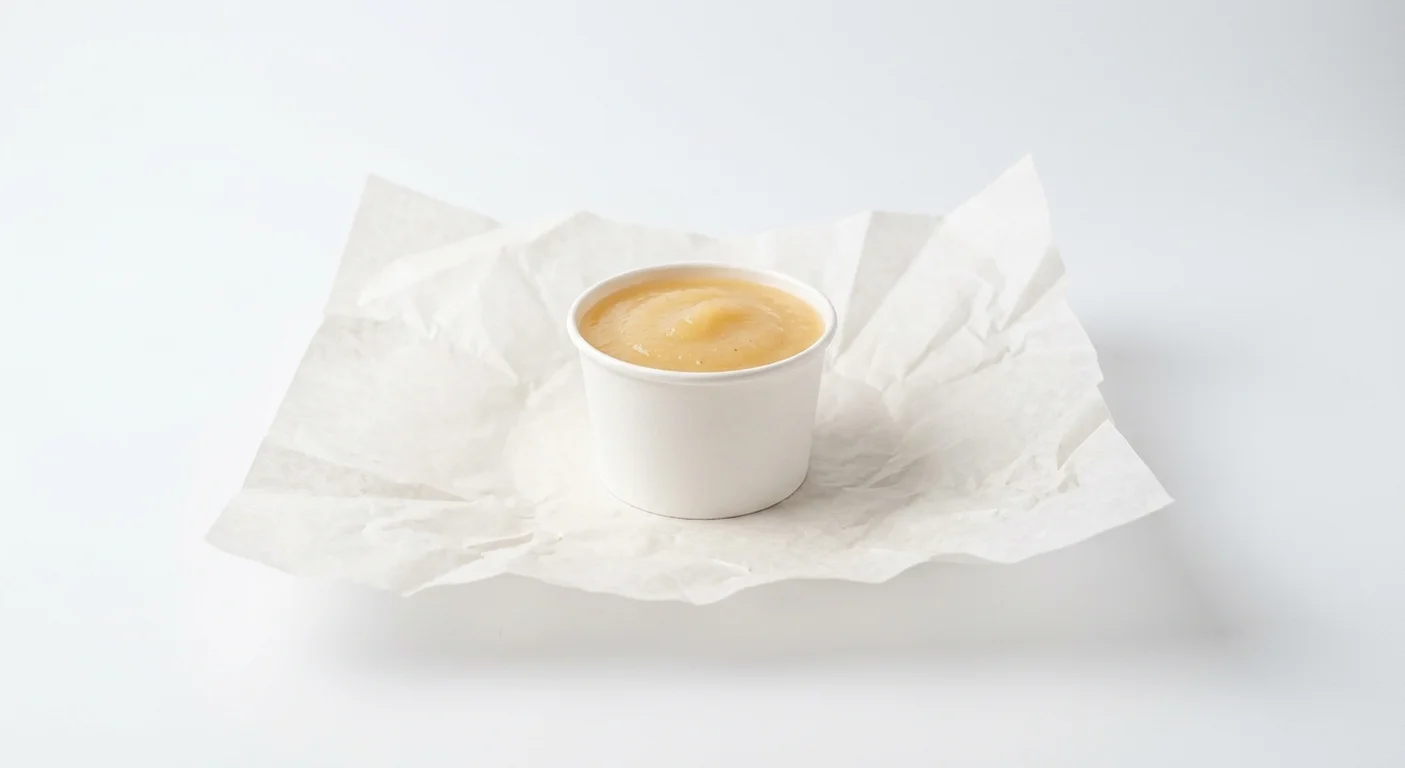 Burger King US Mott's Applesauce, applesauce in a small plain white paper cup on white paper, nutrition and calories