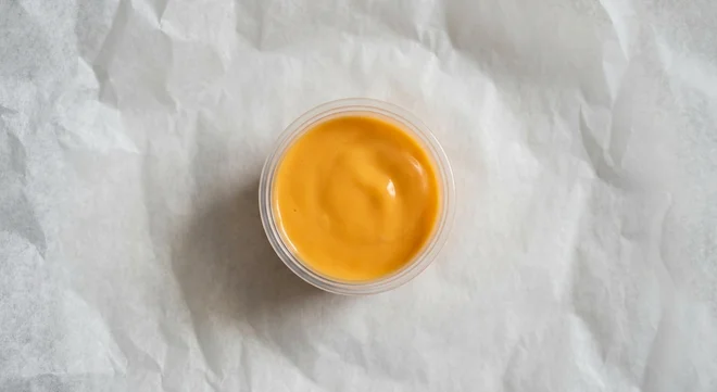Burger King US Nacho Cheese Sauce, a bright orange nacho cheese sauce in a clear pot on white paper, nutrition and calories
