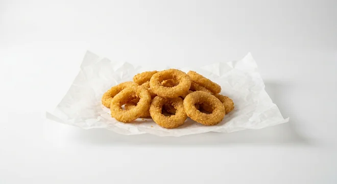 Burger King US Onion Rings (Large), a pile of golden breaded onion rings on white paper, nutrition and calories