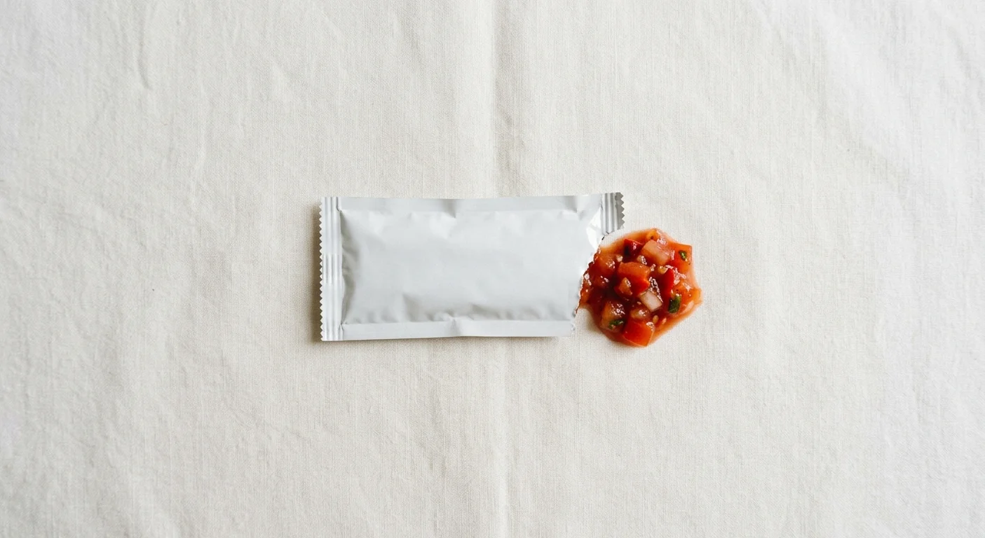 Burger King US Picante Sauce Packet, a plain white sachet with a dollop of red picante salsa, nutrition and calories