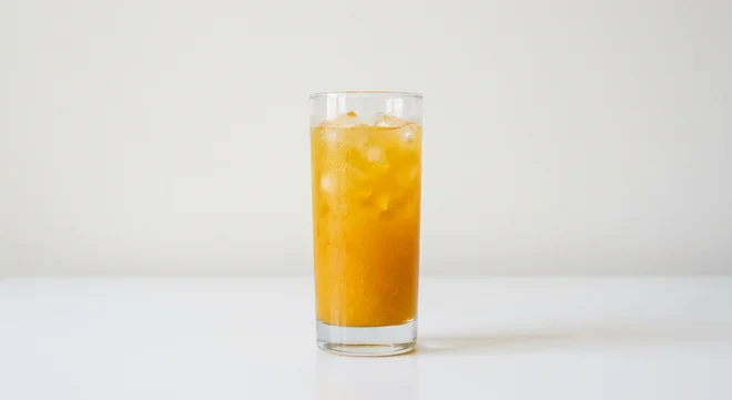 Burger King US Signature Mango Peach Lemonade (Medium), a golden mango peach lemonade over ice in a tall clear glass, nutrition and calories