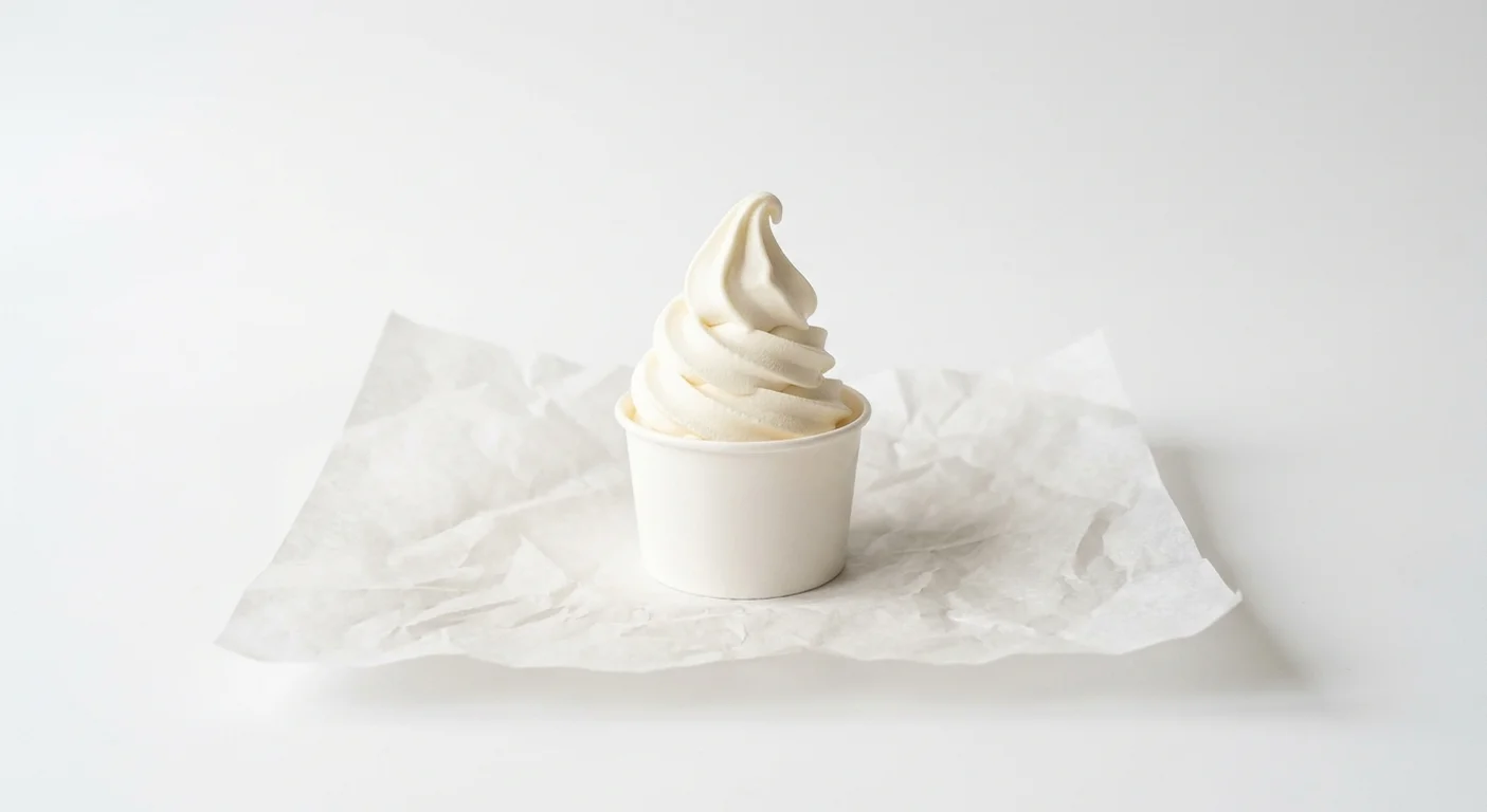 Burger King US Soft Serve Cup, a swirl of vanilla soft serve in a plain white paper cup on white paper, nutrition and calories