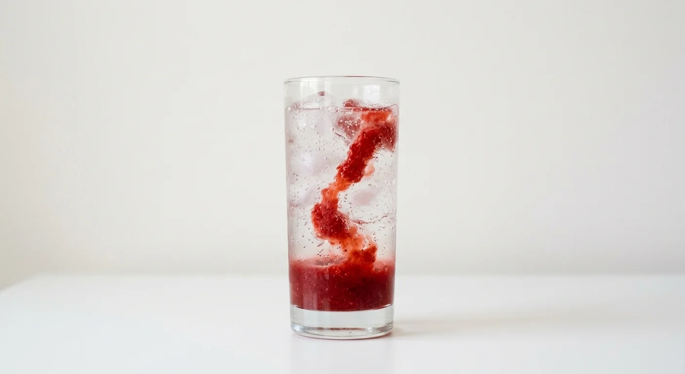 Burger King US Vampire's Bite Strawberry and Sprite, a lemon-lime soda with red strawberry purée over ice in a tall clear glass, nutrition and calories