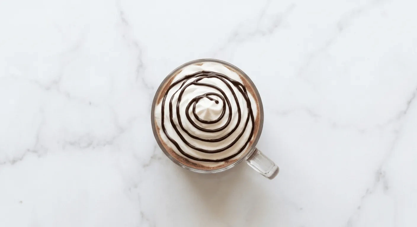 Starbucks US Hot Chocolate (Grande), hot chocolate with a chocolate swirl on top in a glass mug, seen from above, nutrition and calories
