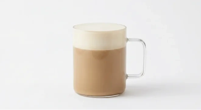 Starbucks US Caramel Protein Latte (Grande), caramel latte with a milk foam top in a glass mug, nutrition and calories
