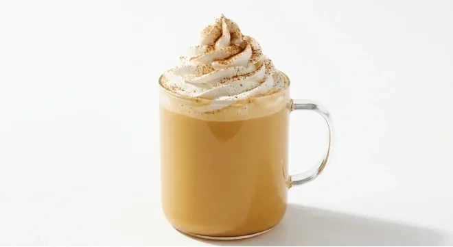Starbucks US Pumpkin Spice Latte (Grande), pumpkin spice latte topped with whipped cream and spice in a glass mug, nutrition and calories