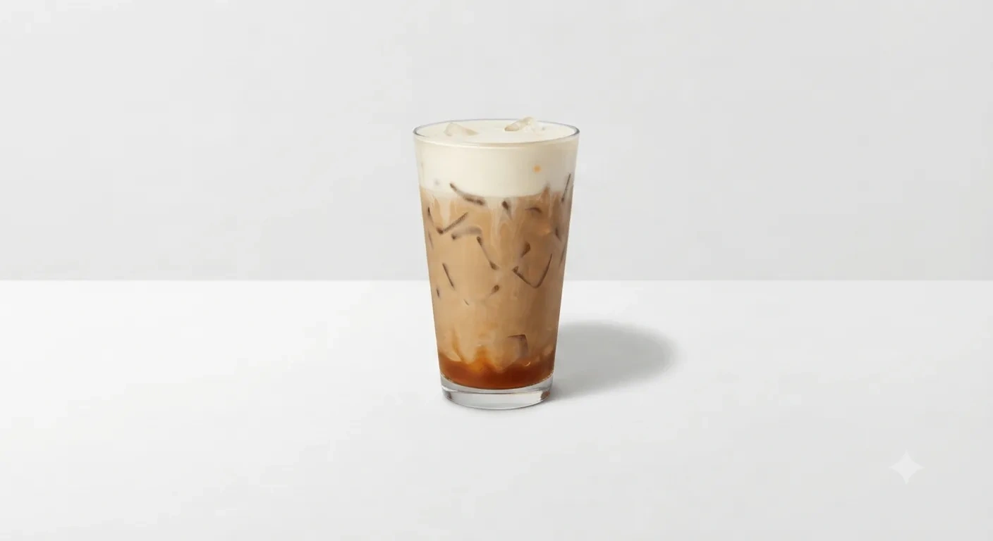 Starbucks US Iced Caramel Protein Latte (Venti), iced caramel latte over ice in a clear glass, nutrition and calories