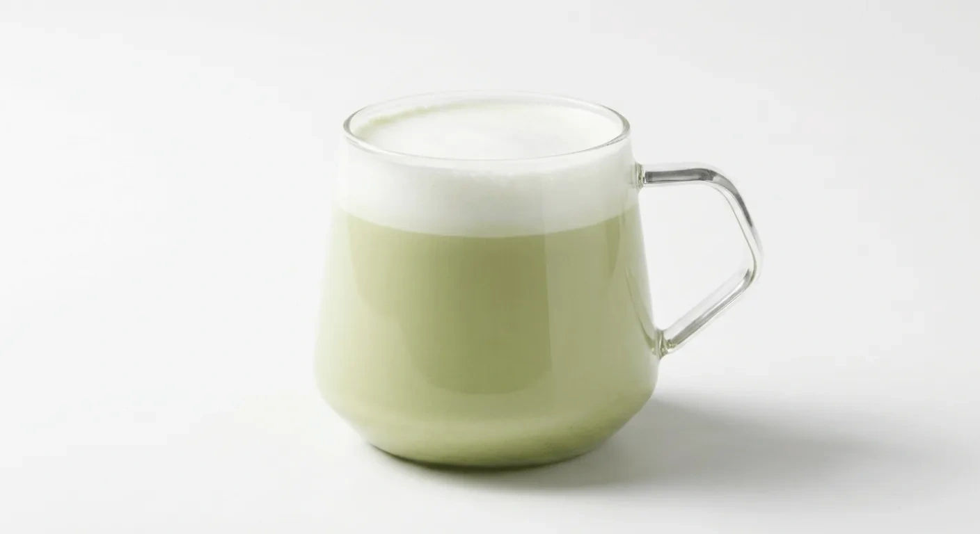 Starbucks US Caramel Protein Matcha (Venti), matcha green tea latte with milk foam in a glass mug, nutrition and calories